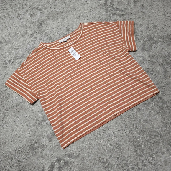 LOFT Nwt Boxy Oversized Cropped Peachy Brown & White Dot Striped Crewneck Tee, M - Picture 7 of 11